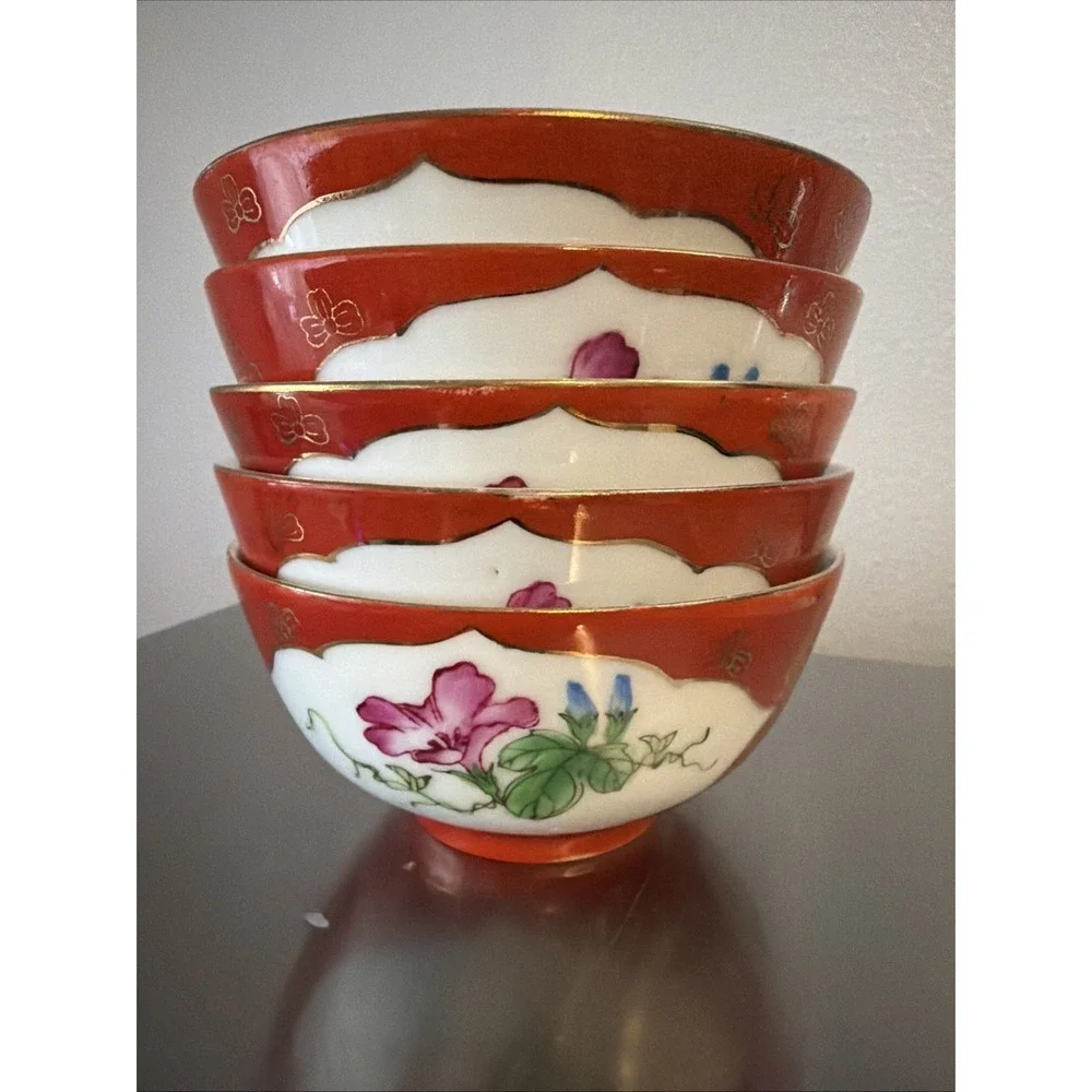 China‎ Famille Coral Red Glazed Porcelain Painted Flower Rice Bowls Set Of 5